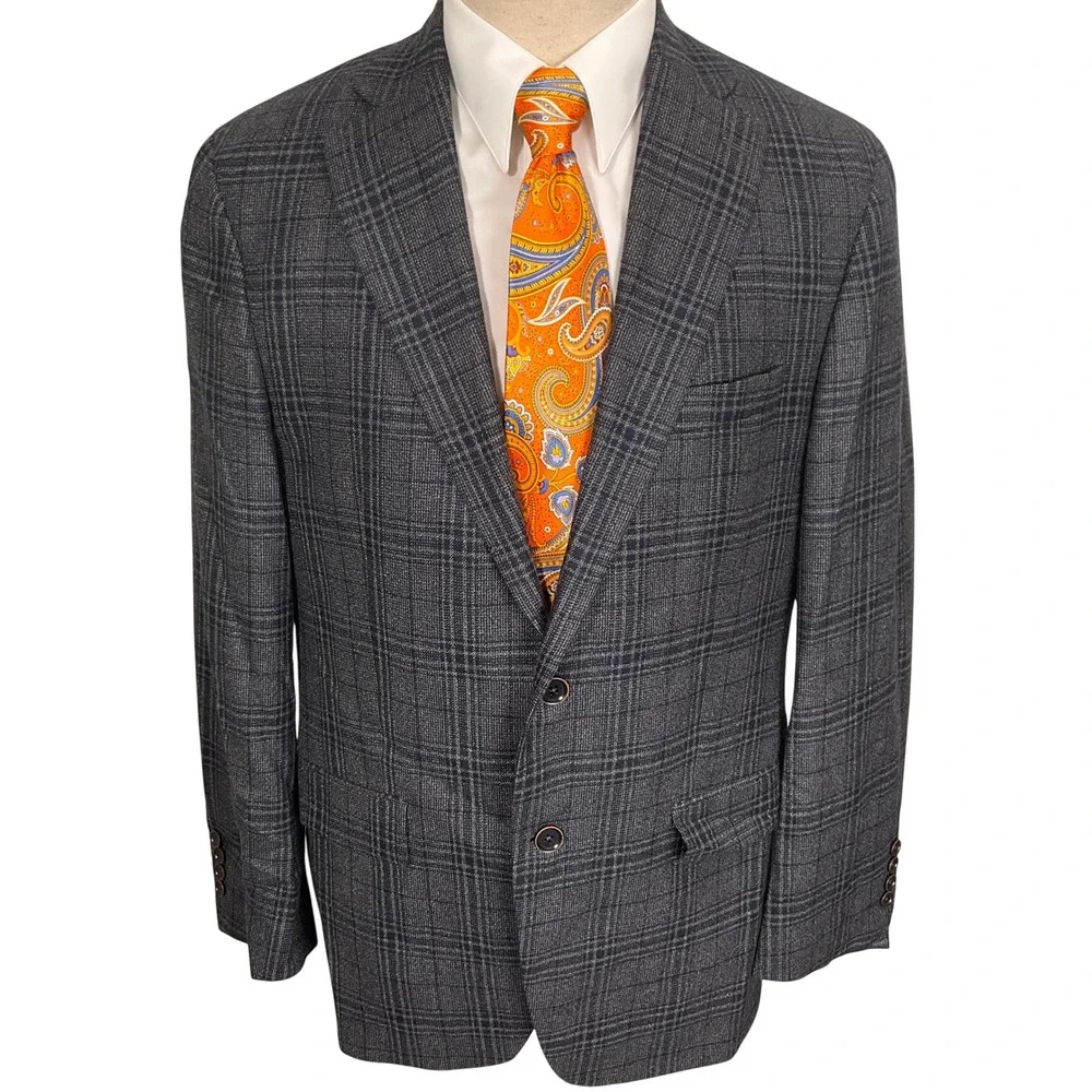 Hart Schaffner Marx Blazer Mens 42R Gray Plaid Chicago Fit Loro Piana Cashmere